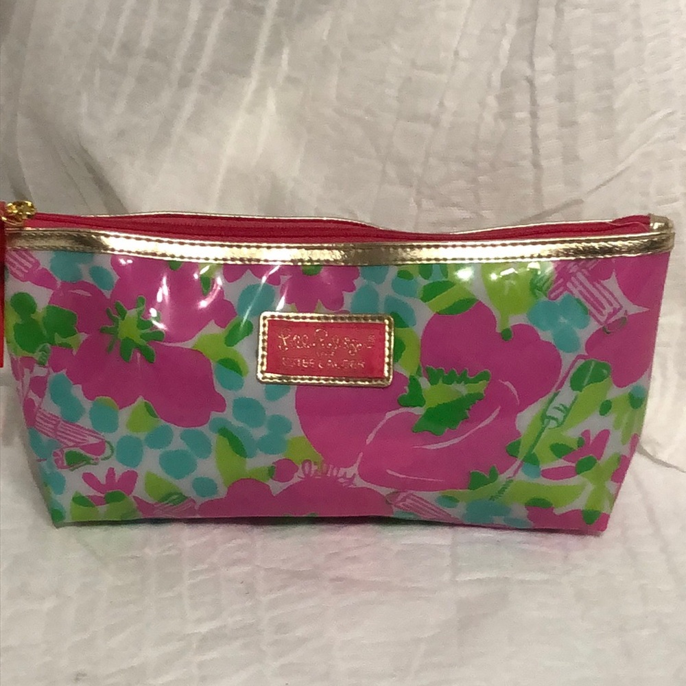 Lilly Pulitzer X Estee Lauder Pink Floral Vinyl Cosmetic Pouch with Gold Trim